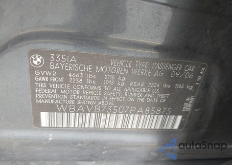 2007 BMW 335I z USA, uszkodzony, nr VIN WBAVB73507PA85875